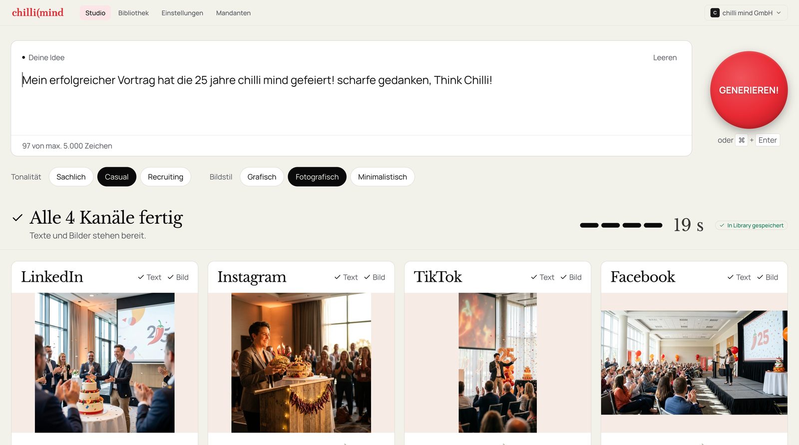 Social Media Creator, Lauf vom 23.10.2026: ein Satz, Texte und Bilder für LinkedIn, Instagram, TikTok und Facebook nach 19 Sekunden. Die Bilder im Screenshot sind KI-generiert.